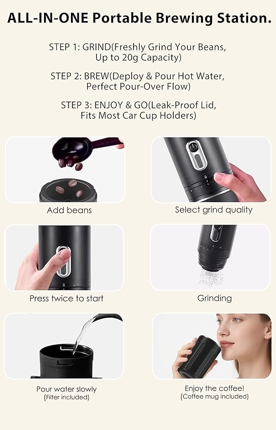 Portable Coffee Maker, Travel Coffee Maker, Portable Battery Pour Over Set, Rechargeable Coffee Maker with Electric Grinder & Insulated Mug for Travel, Camping, Car