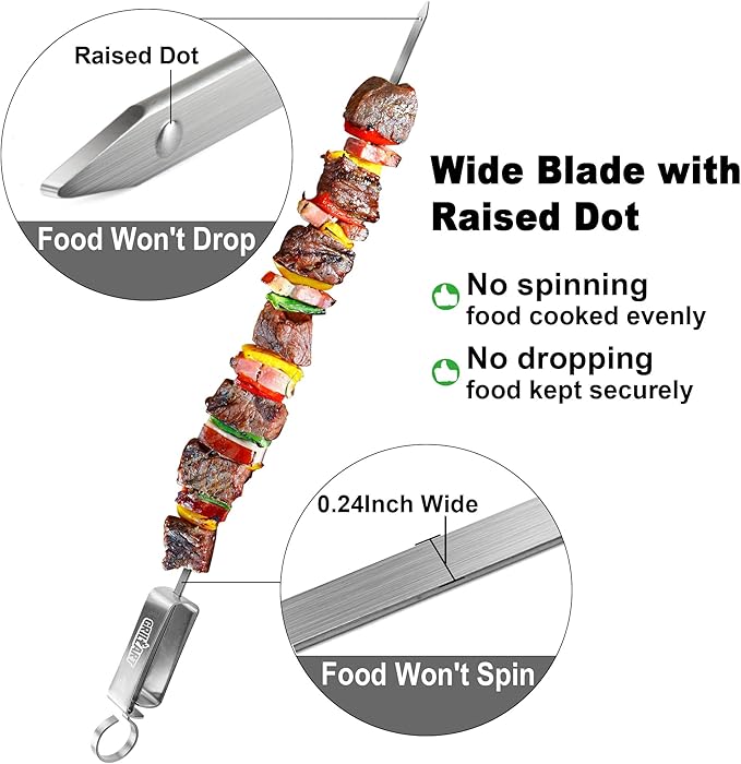 GRILLART Kabob Skewers for Grilling - Metal Skewer for Kabobs with Slider - Flat BBQ Skewer Stainless Steel - 17" Shish Kabob Grill Skewers & Ideal Kabob Sticks for Meat Shrimp Chicken Veggie (10PCS)