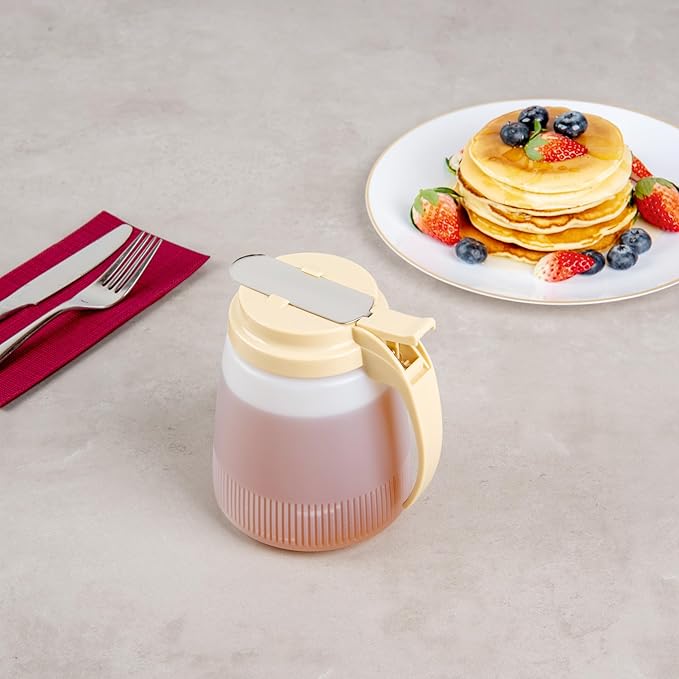 Restaurantware-Chef 101 32 Ounce All Purpose Syrup Dispenser, 1 Honey Dispenser - Beige Top, Stainless Steel Slide Cover, Plastic Pancake Syrup Bottle, Perfect For Diners, Restaurants, Home