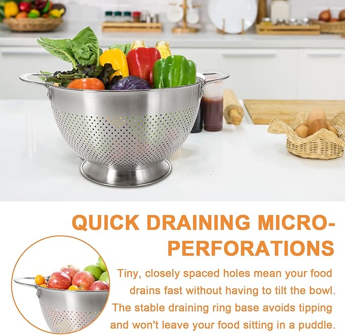 Stainless Steel Colander for Kitchen | 5 Quart Durable Rice and Pasta Strainer with Handle | Oversized Handles | Nesting Design | Rust-Resistant & Dishwasher Safe