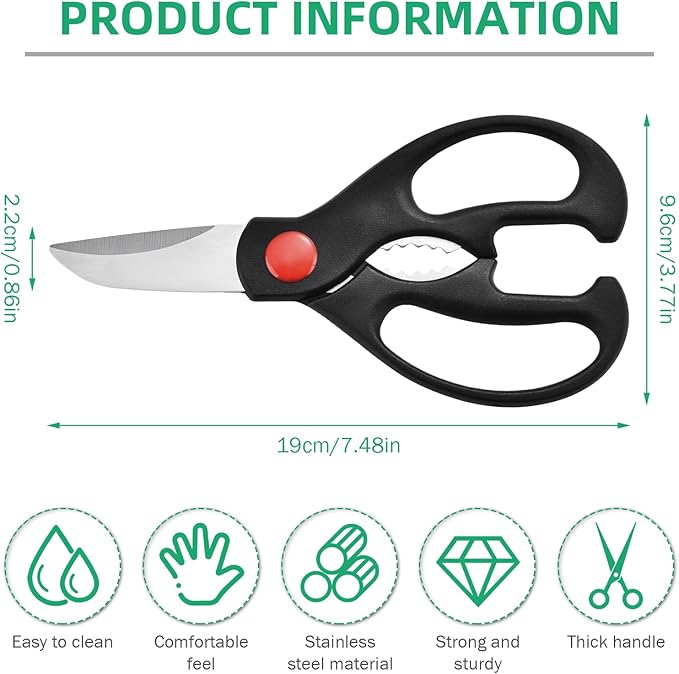 Multipurpose kitchen scissors, heavy duty meat poultry scissors, spice scissors, food cooking scissors, stainless steel utility scissors (2, black)