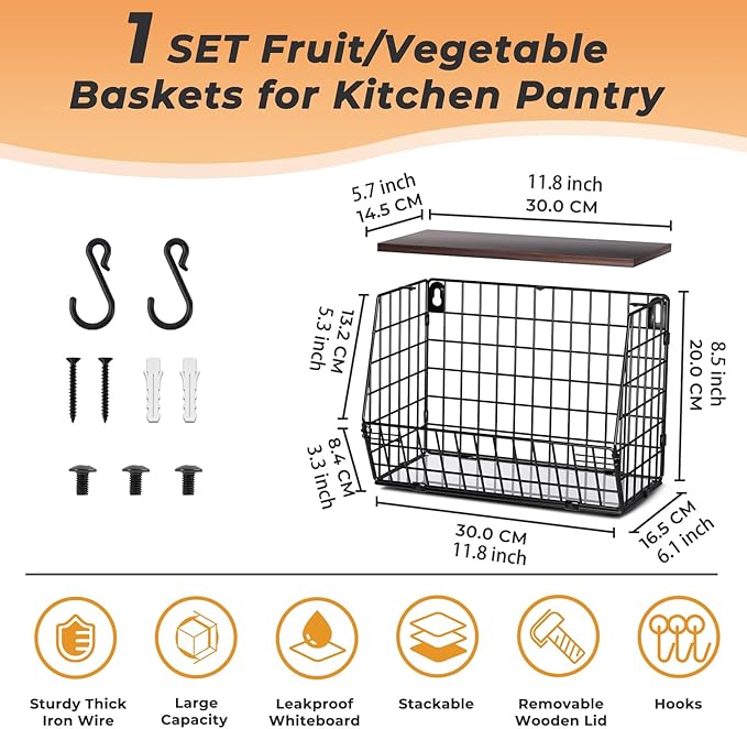 Wawocs Fruit Basket for Kitchen Counter, Fruit Bowl Stackable Wall Mounted Hanging Fruit Basket Wire Basket with Wood Lid with Banana Hanger Hooks, Onion,Potato,Fruit and Vegetable Storage