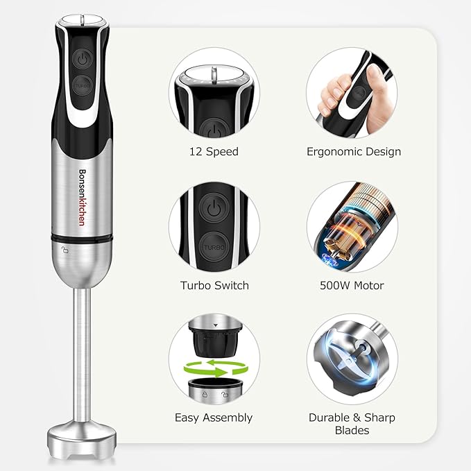 Bonsenkitchen 4-in-1 Immersion Blender Handheld with Food Processor, 12 Speeds Hand Blender with Turbo Mode, Stainless Steel Blade, Egg Whisk, Beaker & Chopper Bowl, Stick Mixer for Smoothie, Puree