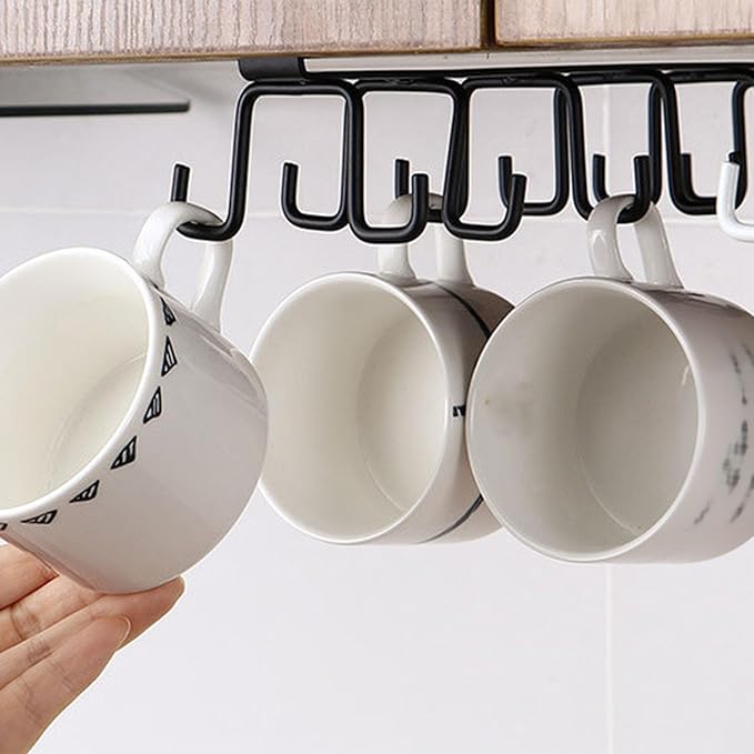 Under Cabinet Kitchen Utensil Hooks, Iron Double Row Rail Mug Holder Under Shelf Clip On Cabinet Hook Spoon Shovel Shelving for Restaurant Cup Hanging(Black)