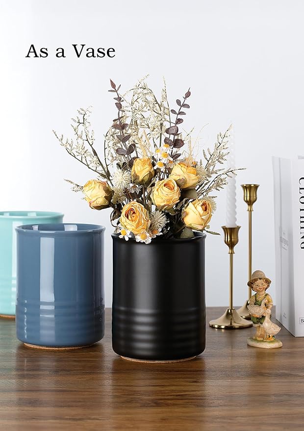 Utensil Holder, 6.7" Ceramic Kitchen Utensil Crock for Countertop Cooking, Modern Utensil Caddy Jar Organizer for Farmhouse Kitchen Counter Décor, Matte Black