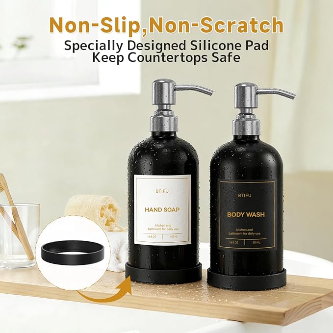 Kitchen Soap Dispenser Set – 16.8oz/500ml Glass Hand and Dish Soap Dispenser with Stainless Steel Pumps & Non-Slip Silicone Base, Luxury Countertop Decor for Home, Airbnb, Restaurant (Black & Silver)