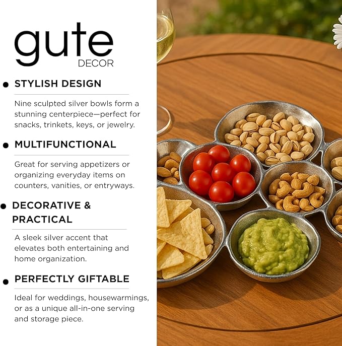 9 Cluster Decorative Bowls Bright Silver Snack Tray Bowl Chip & Dip Serving Piece Strong Brass Centerpiece Beautiful Room Accent & Entertaining Parties Home Decor Wedding Gifts 22 Inch Decorative Gift