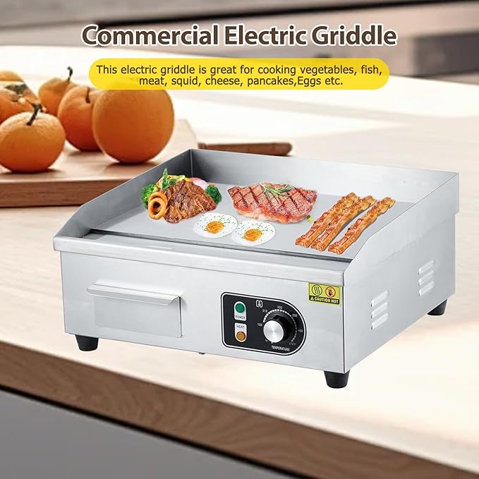 18" 1500W Stainless Steel Electric Griddle, Commercial Countertop Flat Top Grill with Adjustable 122–572°f Thermostat, Includes 2 Spatulas & Cleaning Brushes, Plug-in Grill for Indoor/Outdoor Cooking