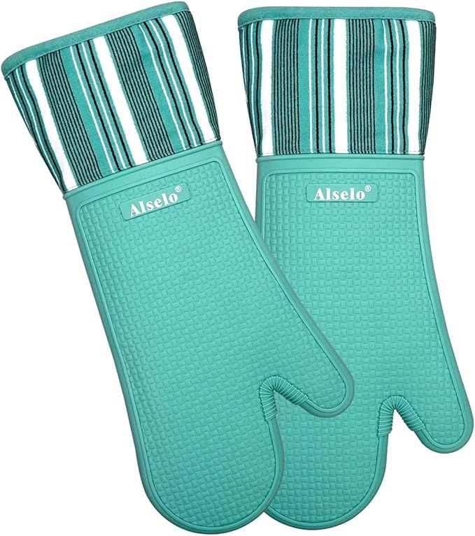 Alselo Silicone Oven Mitts Heat Resistant 550 Degree Extra Long Kitchen Gloves Pot Holders with Waterproof and Non-Silp for Baking Cooking Barbecue Microwave Machine Washable (Extra Long Blue, 2)