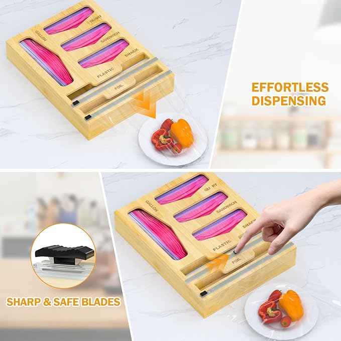 DALSHABET Bamboo Bag Organizer with Magnetic Closure, 6 In 1 Kitchen Drawer Foil and Plastic Wrap Dispenser with Cutter, Storage bag for Gallon, Quart, Sandwich, Snack Beige