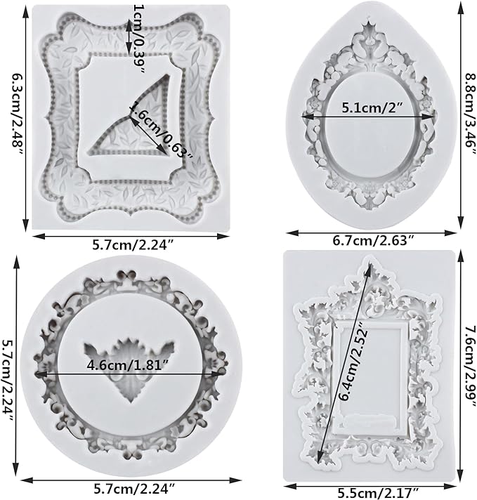 Photo Frame Fondant Mold Picture Frames Silicone Molds Vintage Frame Mold Baroque Frames Chocolate Molds For Sugarcraft Cake Decoration Cupcake Topper Candy Polymer Clay Gum Paste Set of 4