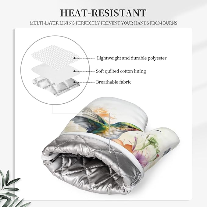 Oven Mitts and Pot Holders Watercolor Hummingbird Flower Silicone Kitchen Accessories Set of 4 Heat Resistant Long Gloves Potholder Non-Slip Grip for Chef Cooking Baking Grilling BBQ