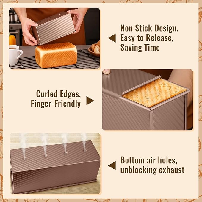 3 Pack Pullman Loaf Pans with Lids, 2.2LB 1LB 0.5LB Bread Pans, Non-stick Carbon Steel Bread Pans for Homemade Sandwich and Baking Sourdough Bread, Corrugated Toast Mold, Golden