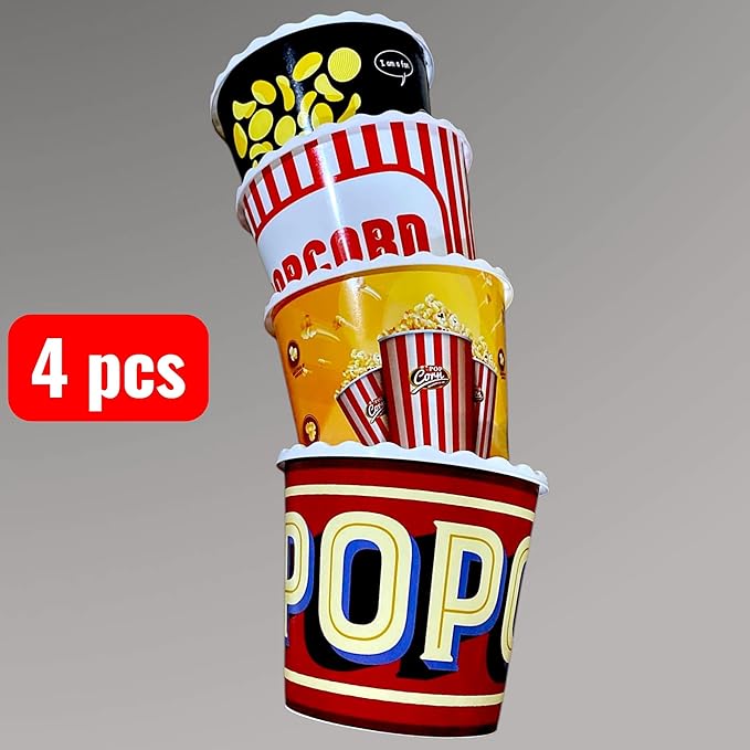 Modern Style Reusable Plastic Popcorn Box/Popcorn Containers/Popcorn Bowls Set for Movie Theater Night - (BPA Free - 4 Pack - 75 oz) (Popcorn Mix E)