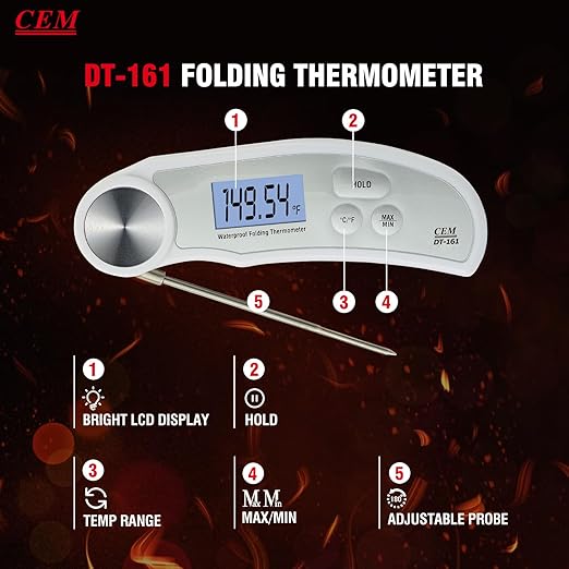 CEM Professional 3X Faster 0.5sec Instant Read Meat Thermometer Digital, High Accuracy ±0.5°F, IP67 Waterproof, 5.9" with Ambidextrous Instant Read Thermometer Backlight Fry Oil Candy Thermometer