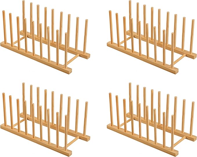 HBlife 4pcs Heighten and Widen Bamboo Dish Dying Rack Pot Lid Plate Organizer Holder for Cabinet, Cutting Board Stand Drainer Storage Plate Rack for Dish, Pot Lid, Bowl, Cup, Cutting Board and Books