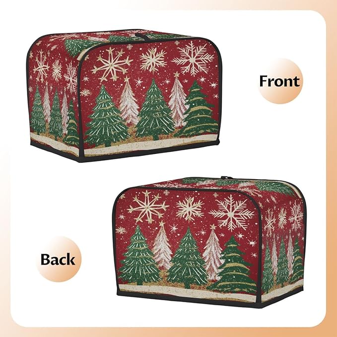 4 Slice Toaster Cover,Christmas Tree Snowflakes on Red Small Kitchen Appliance Bread Machine Cover with Pockets,Dust & Fingerprint Protection