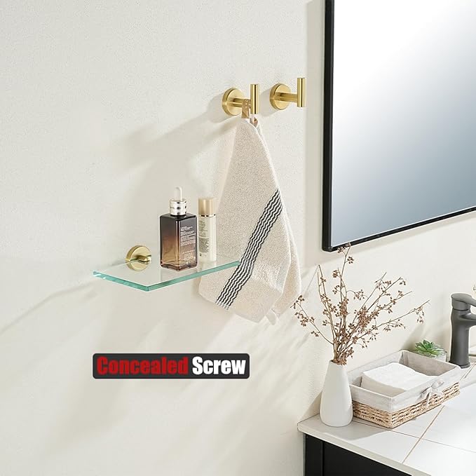 JQK Bathroom Glass Shelf Gold, Tempered Glass Shower Storage 8 by 5 inches, 304 Stainless Steel Brushed Gold Wall Mount, TGS101L8-BG
