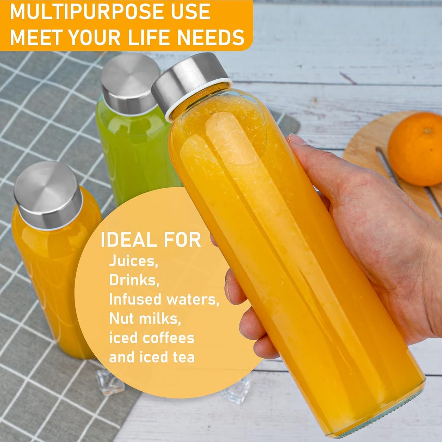 Sursip 18oz Glass Water Bottle Set of 6, Clear glass juice bottle for juicing，Reusable Drinking Bottles with Stainless Steel Lid，Beverage Storage Containers for Refrigerator-BPA Free，Leak Proof