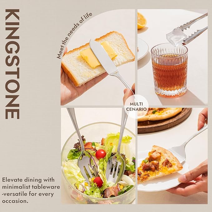 KINGSTONE 12 Piece Teardrop Serving Utensils Set, 18/10 Stainless Steel Serving Utensils, Slotted Spoons, Forks, Tongs, Cake Server, Butter Knife for Buffet, Catering, Wedding, Party