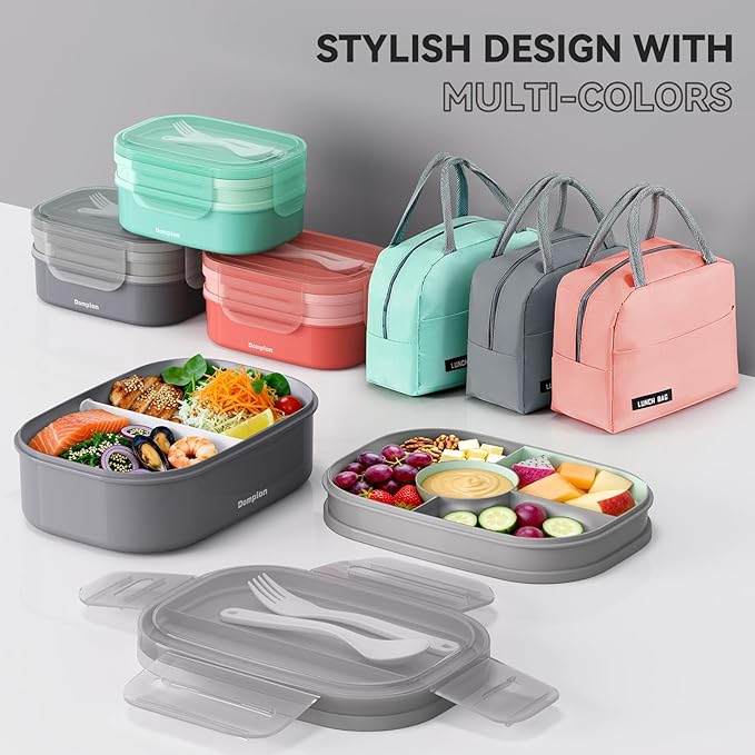 2 Layers Bento Box, All-in-One Stackable Lunch Container with Compartments, 64oz Leakproof Microwave Safe Dishwasher Safe Bento Box with Lunch Bag and Utensil Set for Kids and Adults