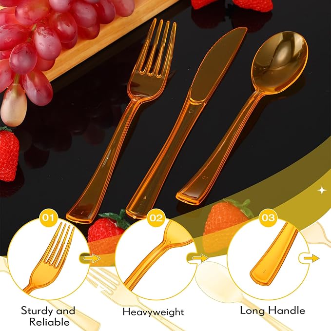 Minatee 150 Pieces Disposable Cutlery Set Plastic Silverware Heavy Duty Utensil Sets 50 Forks 50 Knives 50 Spoons for Home Office School Party Picnics Restaurant Outdoor Events(Orange)