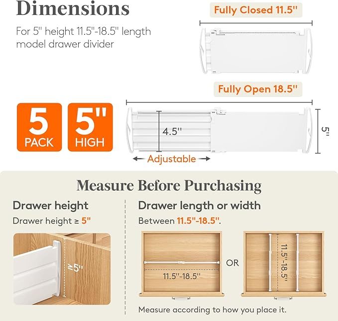 Lifewit 5" Tall 5 Pack Drawer Dividers, 30-47cm/11.5-18.5" Expandable Drawer Divider for Clothes, Adjustable Dresser Drawer Organizers, Drawers Separators for Dresser/Bathroom/Closet/Kitchen White