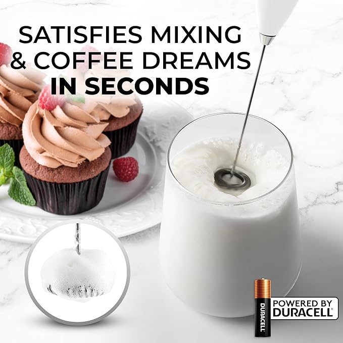 Zulay Kitchen Milk Frother Handheld Electric Whisk with AA Duracell Batteries – Durable Drink Mixer for Coffee, Lattes, Cappuccinos & More - White