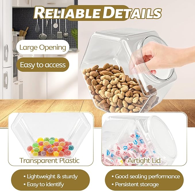 Woozettn Plastic Candy Jar,Hexagon Cookie Jars for Kitchen,Clear Hexagonal Containers with Lids for Dry Food,Candy,Snacks,Cookies,Craft,Laundry Pod(1 Pcs)