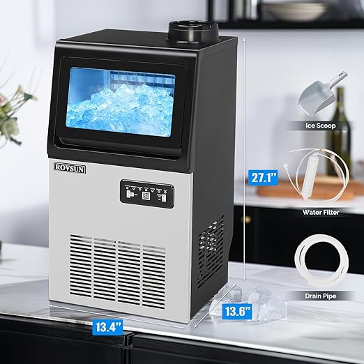 ROVSUN 90LBS/24H Commercial Ice Maker with 2 Water Inlets, Stainless Steel Ice Machine Countertop & Freestanding for Restaurant Bar with 11lbs Storage Bin, Ice Scoop, Drain Pipe & Water Filter