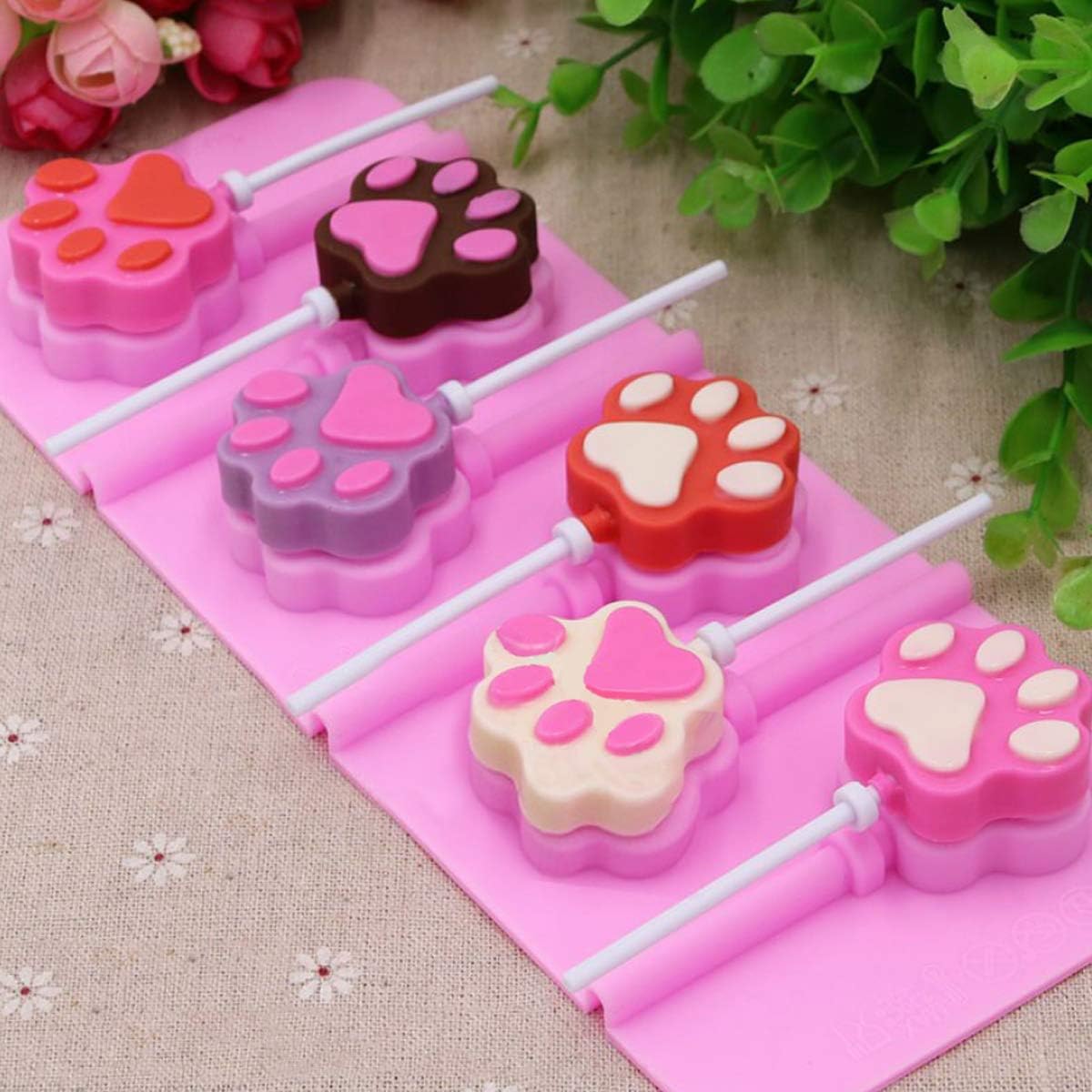 12 Capacity Cat Paw Silicone Lollipop Mold Set, Sucker Molds and Chocolate Hard Candy Mold with 50pcs Lollipop Sucker Sticks, Candy Treat Bags, Gold Ties. (Cat Paw Pink)