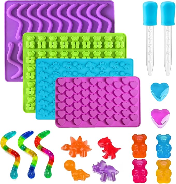 Gummy Candy Molds - Silicone Gummy Bear/Dinosaur/Hearts/Gummy Worm Mold with 2pcs Dropper,Non-stick and Bpa Free for Mini Candy Chocolate Gummies Baking