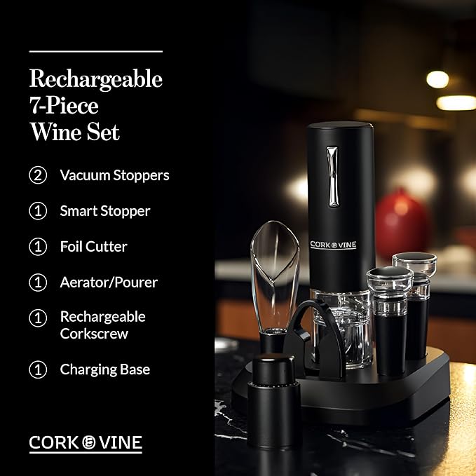 Cork & Vine Rechargeable 7-Piece Wine Set | Electric Wine Opener, Charging Base | Smart Wine Stopper, Wine Aerator, Wine Foil Cutter, Rechargeable Corkscrew, 2 Wine Stoppers Vacuum | Kitchen Gadgets