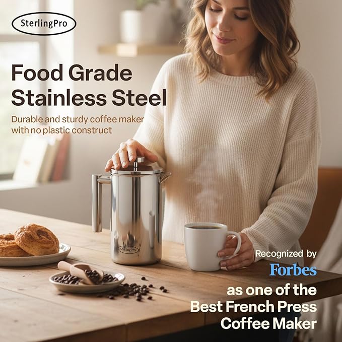 SterlingPro Stainless Steel French Press Coffee Maker 1.75 L (59 oz) Mirror – Double Walled Insulated Extra Large French Press, Durable Design Keeps Drinks Hot, Easy to Use and Clean for Rich Flavor