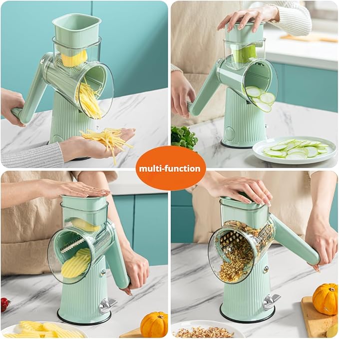 5 in 1 Rotary Cheese Grater Hand Crank, Replaceable Stainless Blades Cheese Shredder, Strong Suction Base Vegetable chopper Slicer with Cleaning Brush Peeler & Bonus Storage Box for Blades