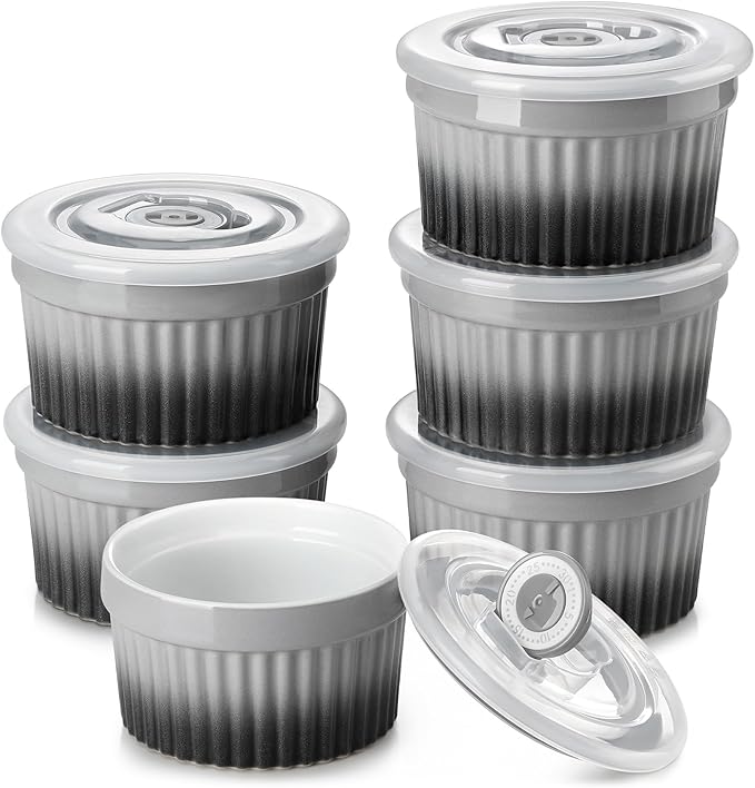 vancasso 6 oz Ramekins with Lid, Porcelain Creme Brulee Souffle Dishes,Set of 6, Grey Pudding Custard Cups Ramiken for Baking, Dishwasher and Oven Safe