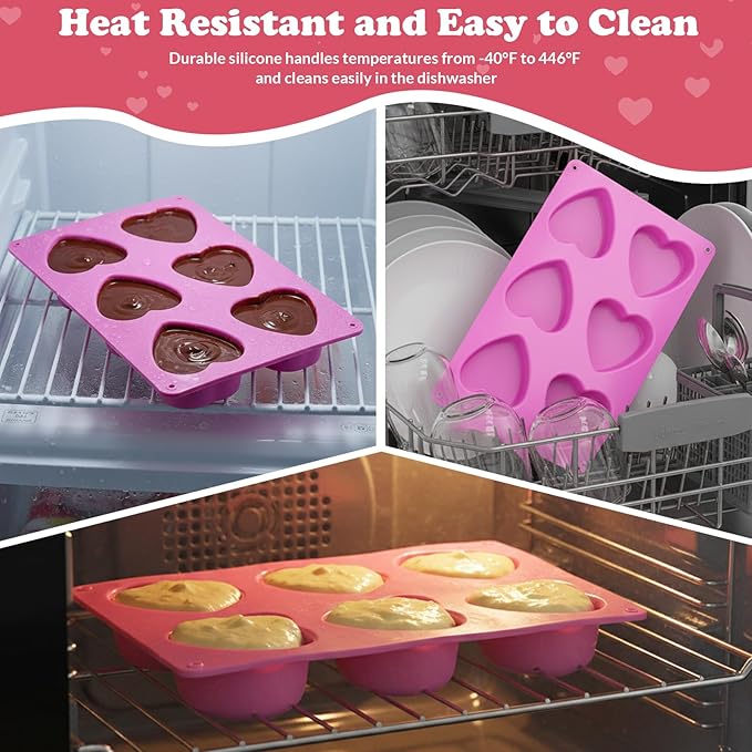 HKNMTT Heart Silicone Molds Valentine's Day for Baking Cake Chocolate Cocoa Bomb, Love Shaped Jello Chocoflan Oreo Moulds, 6 Cavity 2 Pack Soap Craft Oven Safe DIY Handmade Gift Pan