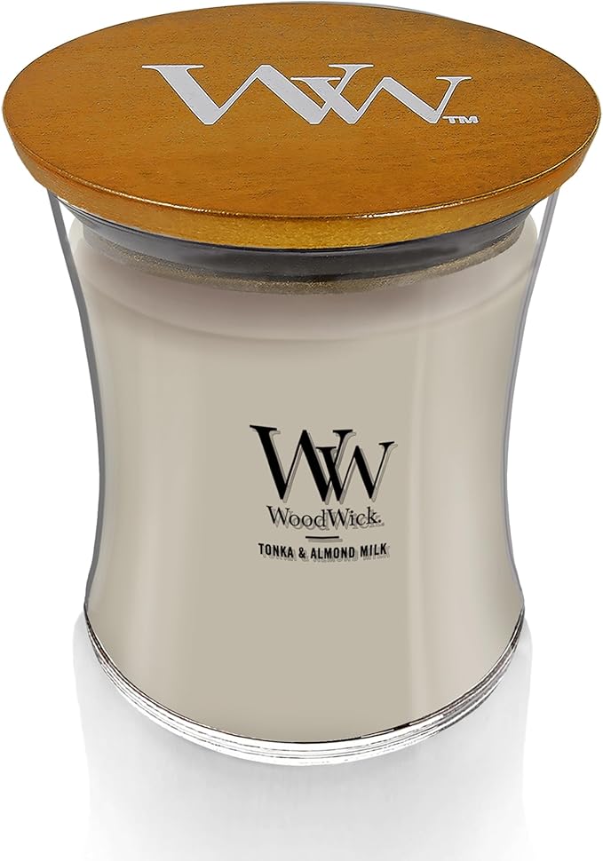 WoodWick Tonka & Almond Milk Gifts for Women and Men, 9.7 oz Medium Hourglass Candle with Crackling Wick