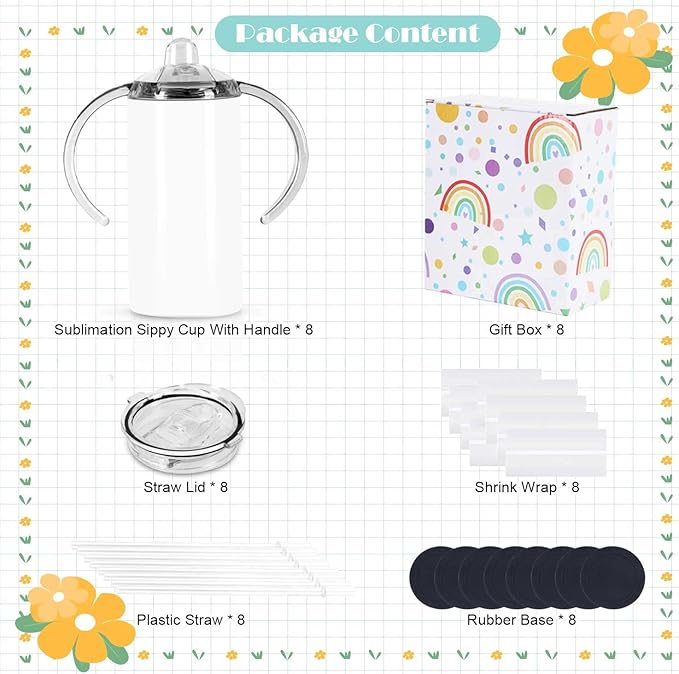 12 Oz Sublimation Sippy Cup Tumblers 8 Pack With Handle, Straight Sublimation Blanks Kids Tumbler, Stainless Steel Todder Water Bottle