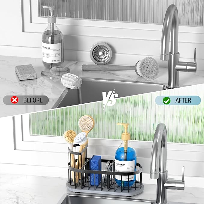 Sponge Holder for Kitchen Sink with High Brush Holder, [Stay-Dry Anywhere & No Drainage Needed] Rustproof Stainless Steel Kitchen Sink Caddy Organizer with Water Absorbing Stone Tray, Black