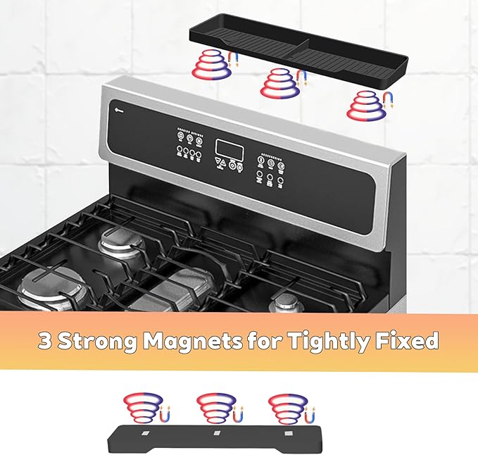 15 Inch Magnetic Silicone Stove Top Shelf, Heat Resistant Spice Rack for Kitchen, Space Saving Organizer with 3 Sticky Pads, Fits Back of Stove (Black, 15 Inch)