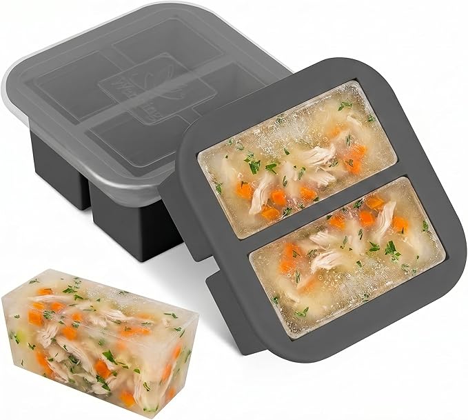 Silicone Freezer Tray with Lid 2 Pack Silicone Freezer Molds Ice Cube Tray Makes 4 Perfect 1 Cup Portions Soup Cubes Meal Prep Containers- Oven & Dishwasher Safe