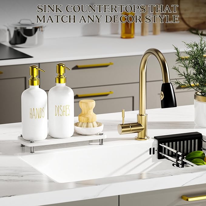 Galasily Gold Soap Dispenser Set Comes with Stainless Steel Pumps, Instant Dry Tray, and Dish Scrub Brush, Kitchen Soap Dispenser Set Suitable for Kitchen Decor and Bathroom Accessories(Gold)