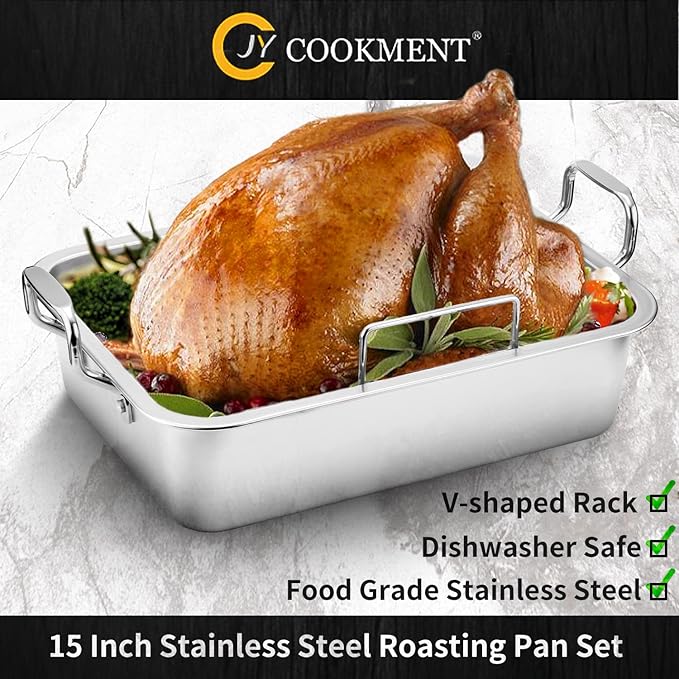 15 Inch Stainless Steel Roasting Pan with V-Shaped Rack and Turkey Baster - Rectangular Roaster for Turkey, Chicken, Vegetables - Fits 20lb Turkey