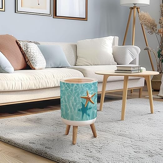 Trash Can with Lid Starfish Flower Summer Beach sea Water Summer Press Top Round Small Garbage Bin with Wooden Legs Waste Basket for Kitchen Bedroom Nursery 7L/1.8 Gallon