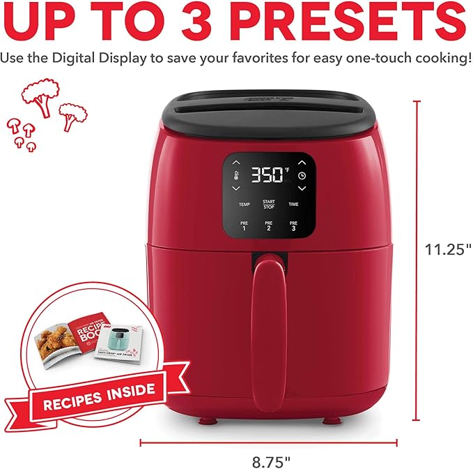 Dash Digital Tasti-Crisp™ Air Fryer - Compact Electric Digital Fryer With Auto Shut-Off Feature - Ideal for Small Spaces - AirCrisp® Technology - 2.6 Quarts - Red