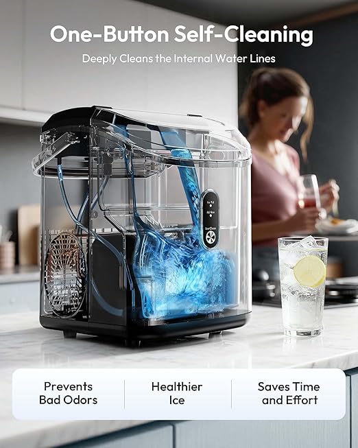 EUHOMY Nugget Ice Maker Countertop with Handle, Ready in 6 Mins, 34lbs Per Day, Removable Top Cover, Self-Cleaning, Portable Sonic Ice Maker with Basket and Scoop, for Home/Party/RV/Camping(Black)