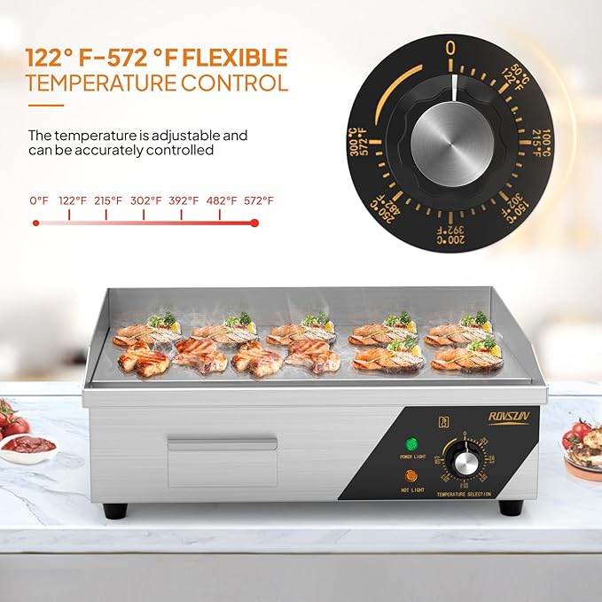 Bonnlo 22 Inch 1600W Commercial Griddle with Stainless Steel Countertop, Flat Griddle, 122-572℉ Adjustable Temp Control of Electric Flat Top Grill for Cheese 、Steak and Egg Indoor and Restaurant