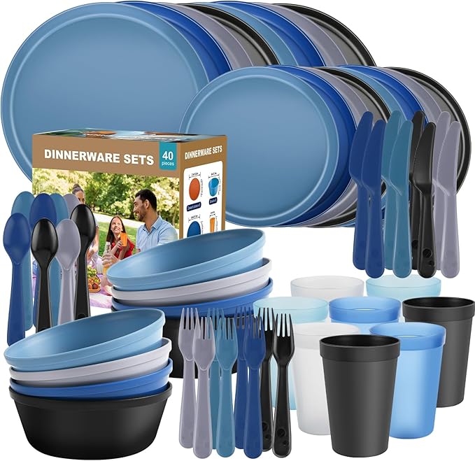 40 Piece Plastic Dinnerware Set for 8 with Cutlery, Unbreakable Plates and Bowls Set, Dishwasher & Microwave Safe Reusable Dish Set for Camping, RV, Outdoor Kitchen, Apartment Dining,Ocean Multicolor