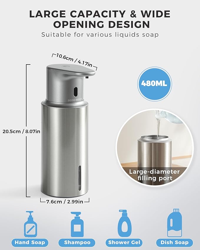 Automatic Liquid Soap Dispenser Touchless, 304 Stainless Steel Bottle Body &16.2oz/480ml Rechargeable, 3 Adjustable Liquid Levels, IPX7 Waterproof, for Kitchen Bathroom, Stainless Steel